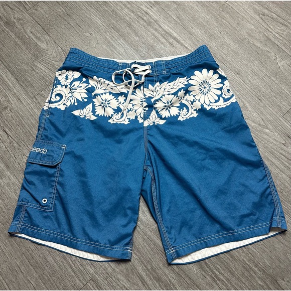 Speedo Blue White Hawaiian Floral Lined Swim Surf Board Shorts Men Size L - Picture 1 of 5